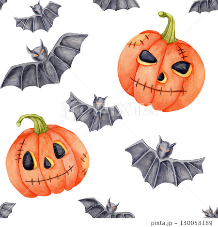 Halloween pumpkins with expressive faces and gray bats in a playful watercolor illustration seamless pattern. Use for greeting cards, Halloween crafts, or fabric projects. 130058189
