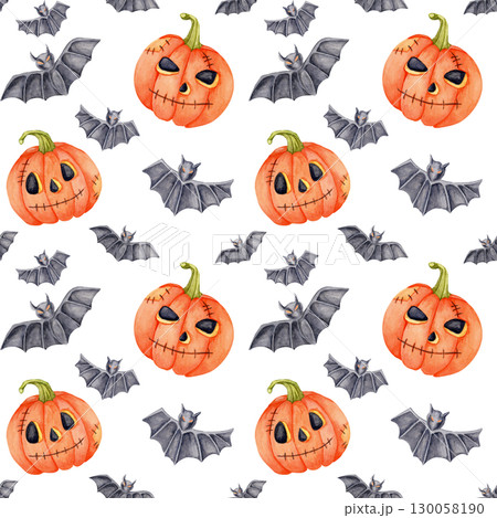 Smiling jack-o'-lanterns with cartoon faces and gray bats in a fun Halloween watercolor illustration seamless pattern. Ideal for textile prints, stickers, and themed invitations. 130058190