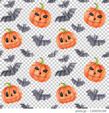 Smiling jack-o'-lanterns with cartoon faces and gray bats in a fun Halloween watercolor illustration seamless pattern. Ideal for textile prints, stickers, and themed invitations. 130058190