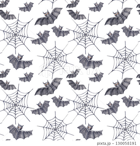 Webs and gray bats in a black watercolor illustration seamless pattern. Designed for Halloween-themed textiles, printable decor, and seasonal surface design applications. 130058191
