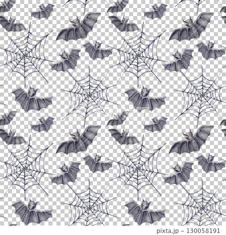 Webs and gray bats in a black watercolor illustration seamless pattern. Designed for Halloween-themed textiles, printable decor, and seasonal surface design applications. 130058191
