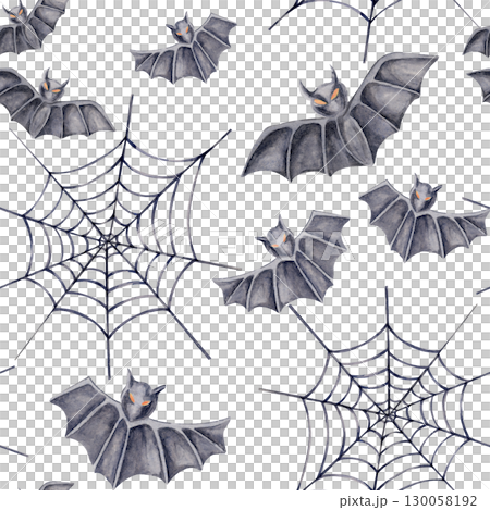 Gray bats with detailed wings and spiderwebs in a black and white watercolor illustration seamless pattern. Great for Halloween gift wrap, fabric, or digital backgrounds. 130058192