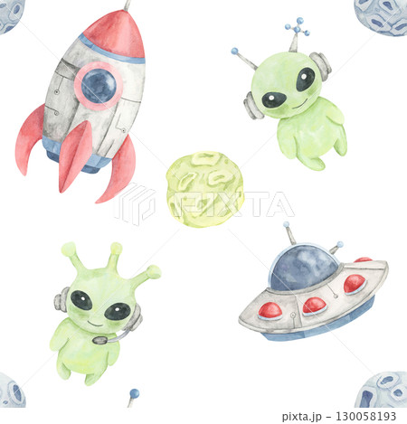 Rockets, green aliens, and flying saucers in a watercolor clipart seamless pattern, ideal for textile printing, greeting card backgrounds, childrens party supplies, and digital designs. 130058193