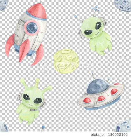 Rockets, green aliens, and flying saucers in a watercolor clipart seamless pattern, ideal for textile printing, greeting card backgrounds, childrens party supplies, and digital designs. 130058193