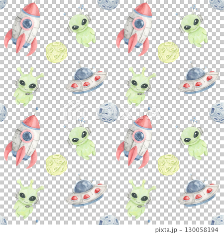 Rockets, green aliens, and planets in a watercolor clipart seamless pattern, great for kids pajamas, nursery wallpaper, school notebooks, and party decoration products with space themes. 130058194