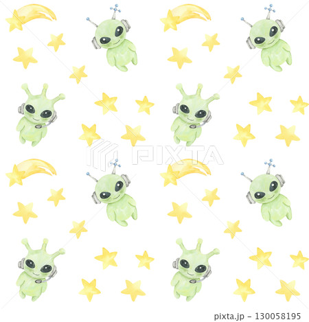 Watercolor clipart seamless pattern of green aliens and yellow stars, ideal for novelty textiles, kids party invitations, decorative wall prints, and playful gift wrap for space themes. 130058195