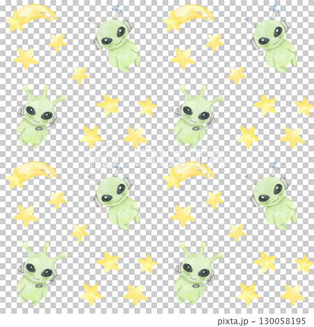Watercolor clipart seamless pattern of green aliens and yellow stars, ideal for novelty textiles, kids party invitations, decorative wall prints, and playful gift wrap for space themes. 130058195