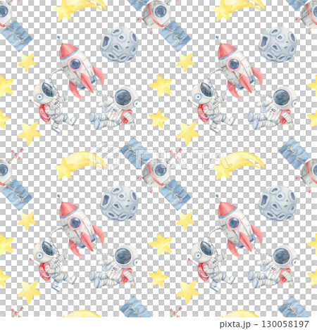 Satellites, moons, rockets, and astronauts in a watercolor clipart seamless pattern, perfect for crafting childrens book pages, pillow prints, wall decals, and educational decor items. 130058197