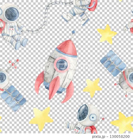 Watercolor clipart seamless pattern with astronauts, rockets, and satellites, perfect for textile prints, bedding sets, wrapping paper, and themed party supplies for space-loving children. Watercolor clipart seamless pattern with astronauts, rockets, and satellites, perfect for textile prints, bedding sets, wrapping paper, and themed party supplies for space-loving children. 130058200