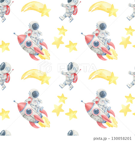 Astronauts in gray suits, red rockets, and yellow stars in a watercolor clipart seamless pattern, perfect for kids pajamas, nursery decor, party invitations, and playful surface textile design. 130058201