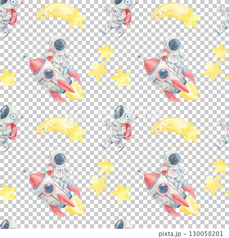 Astronauts in gray suits, red rockets, and yellow stars in a watercolor clipart seamless pattern, perfect for kids pajamas, nursery decor, party invitations, and playful surface textile design. 130058201