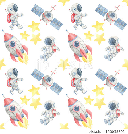 Astronauts, rockets, yellow stars, and moons in a watercolor illustration seamless pattern, perfect for nursery textiles, themed wrapping paper, stationery, and childrens birthday decor. 130058202