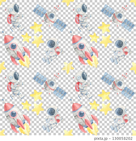 Astronauts, rockets, yellow stars, and moons in a watercolor illustration seamless pattern, perfect for nursery textiles, themed wrapping paper, stationery, and childrens birthday decor. 130058202