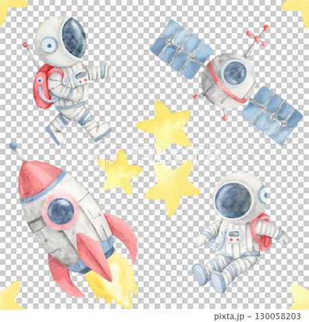 Watercolor clipart seamless pattern with astronauts, rockets, stars, and satellites, ideal for childrens books, toys packaging, party invitations, and custom fabric for creative sewing projects. 130058203