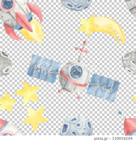 Watercolor clipart seamless pattern with satellites, rockets, shooting stars, and moons, perfect for nursery prints, kids pajamas, school supplies, and decorative space-themed products. 130058204