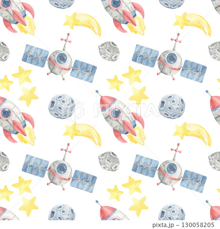 Space-themed watercolor clipart seamless pattern with satellites, rockets, moons, and shooting stars, perfect for fabric printing, gift wrap, and fun childrens learning material backgrounds. 130058205
