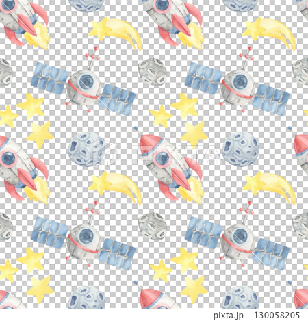 Space-themed watercolor clipart seamless pattern with satellites, rockets, moons, and shooting stars, perfect for fabric printing, gift wrap, and fun childrens learning material backgrounds. 130058205
