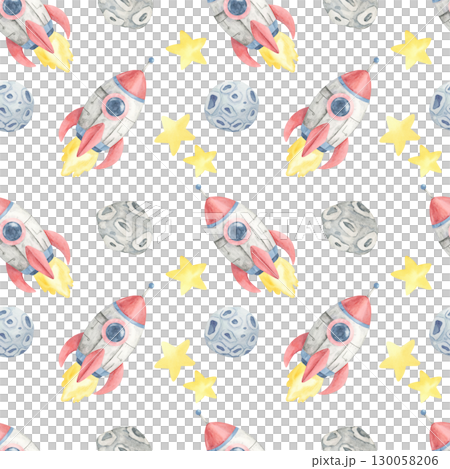 Watercolor clipart seamless pattern featuring rockets, stars, and moons, great for baby shower invitations, wrapping paper, textile prints, and playful kids product surface design. 130058206