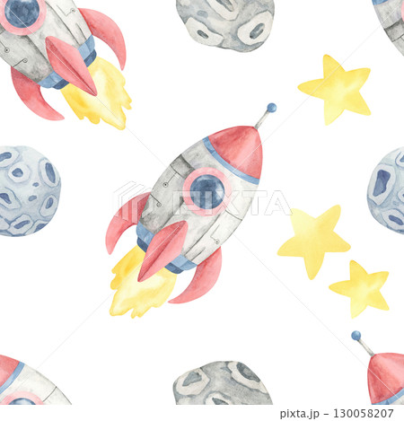 Red and gray rockets, yellow stars, and gray moons in a watercolor clipart seamless pattern, perfect for childrens textiles, nursery wall art, gift wrap, and fun space-themed digital designs. 130058207