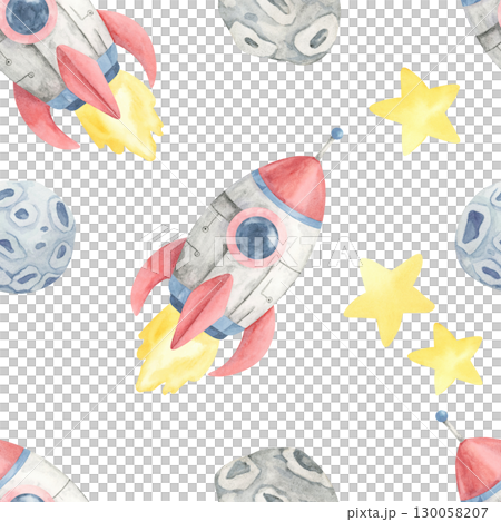 Red and gray rockets, yellow stars, and gray moons in a watercolor clipart seamless pattern, perfect for childrens textiles, nursery wall art, gift wrap, and fun space-themed digital designs. 130058207