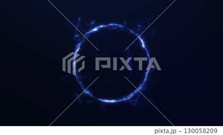 Glowing abstract blue sphere with dynamic wavy flowing textures on dark background. Futuristic energy design. 130058209