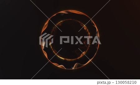 Golden glowing abstract energy circle sphere with smooth particle flow on dark background. Futuristic digital design illustration. 130058210