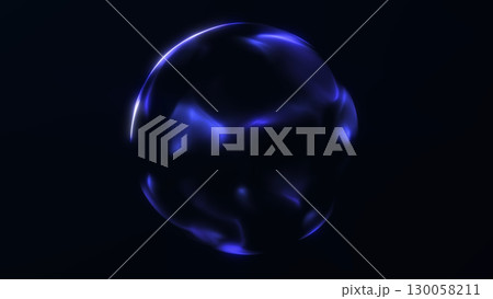 Glowing purple and blue neon abstract sphere with smooth plasma waves on dark background. Futuristic energy design. 130058211