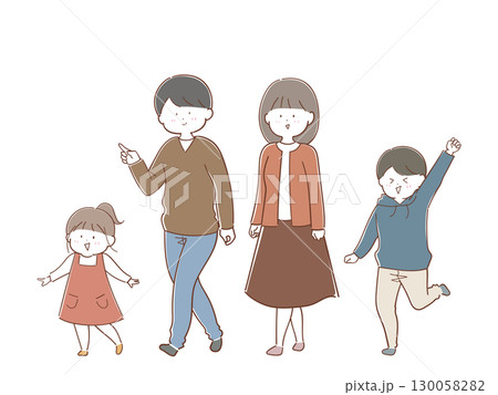 楽しく家族で歩くイラスト（暖色） 130058282