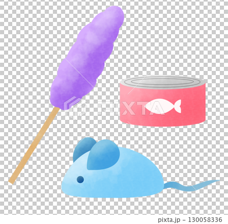 Illustration of a cat toy, a mouse toy, and a cat food can 130058336