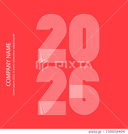 Modern minimal cover background with 2026 numbers in white thin lines striped isolated on red background.Graphic design vector illustration for Happy New Year Banner Greeting Card Annual Report Poster Modern minimal cover background with 2026 numbers in white thin lines striped isolated on red background.Graphic design vector illustration for Happy New Year Banner Greeting Card Annual Report Poster 130058404