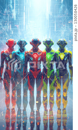 未来都市に立つカラフルなサイボーグ戦士たち 未来都市に立つカラフルなサイボーグ戦士たち 130058426