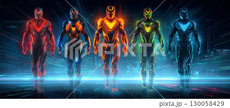 未来都市に立つカラフルなサイボーグ戦士たち 130058429
