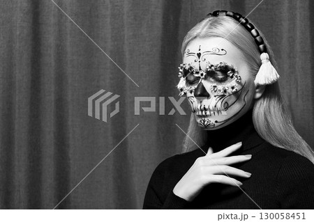 Beautiful Halloween Make-Up Style. Blond Model Wear Sugar Skull Makeup with Crown. Santa Muerte concept 130058451