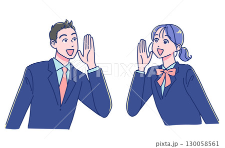 笑顔で声援を送るアニメ調の男女生徒 130058561
