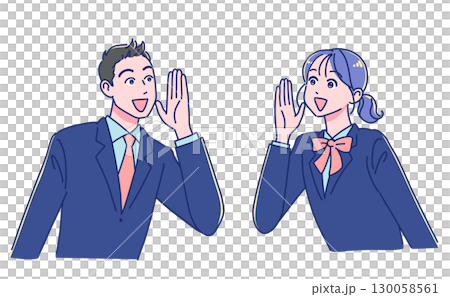 笑顔で声援を送るアニメ調の男女生徒 130058561