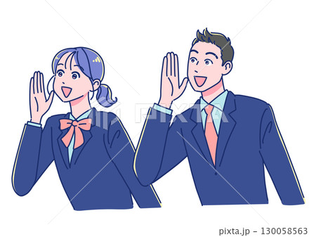 笑顔で声援を送るアニメ調の男女生徒 130058563