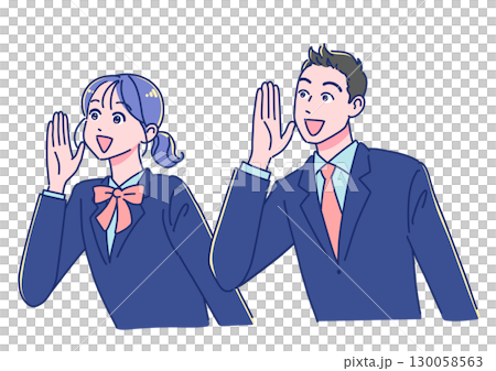 Smiling anime-style male and female students cheering 130058563