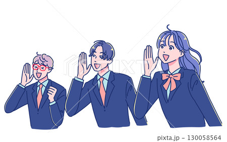 笑顔で声援を送るアニメ調の男女生徒 130058564