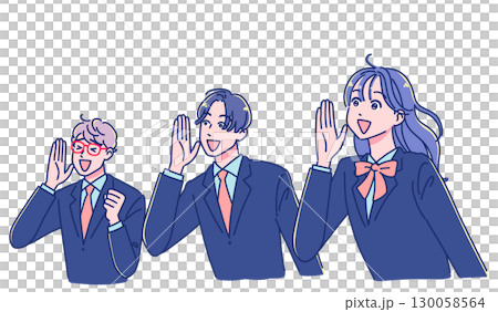 笑顔で声援を送るアニメ調の男女生徒 130058564