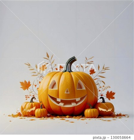 Large orange pumpkin with a carved smiling face, surrounded by four smaller pumpkins, two of which have similar carvings.  130058664