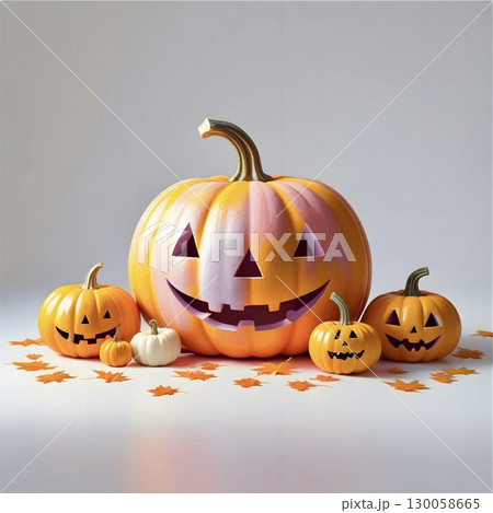 Large orange pumpkin with a carved smiling face, surrounded by four smaller pumpkins, two of which have similar carvings.  130058665
