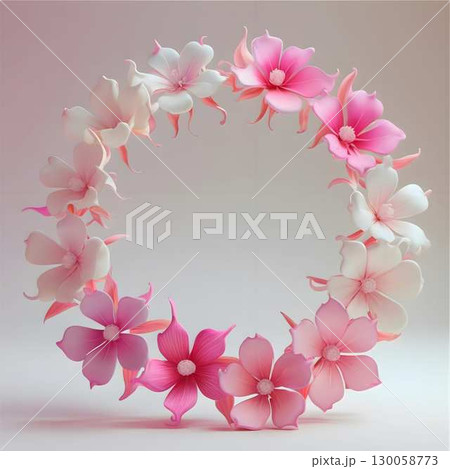 A delicate abstract composition featuring an arrangement of pink and purple flowers, possibly stylized cherry blossoms or similar, with smooth, pastel hues. 130058773