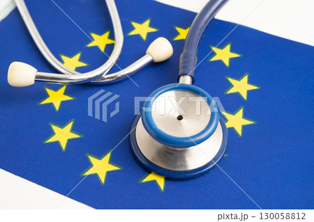 EU flag with stethoscope, Business and finance. EU flag with stethoscope, Business and finance. 130058812