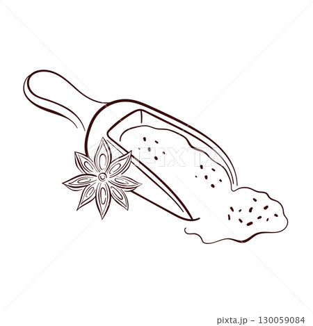 Line art style illustration of a scoop with powder cinnamon spice and star anise decoration. Line art style illustration of a scoop with powder cinnamon spice and star anise decoration. 130059084