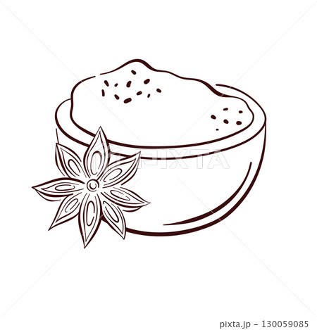 Line art style illustration of a bowl filled with cinnamon spice powder and star anise flower isolated on white background. Perfect for cooking food design and organic product decoration. 130059085