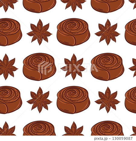 Cinnamon roll pastry with star anise seamless pattern in flat style. Perfect for bakery pastry package, breakfast menu design and sweet cafe wallpaper. 130059087