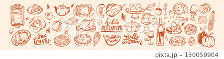 Autumn food doodle illustration, hand drawn Thanksgiving day traditional table dish, fall dinner set Autumn food doodle illustration, hand drawn Thanksgiving day traditional table dish, fall dinner set 130059904