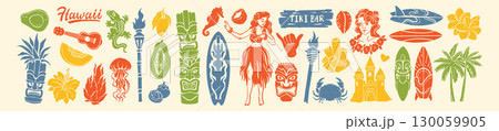 Hawaii summer beach print, hand drawn tropical tiki mask illustration, exotic island bar sticker set 130059905