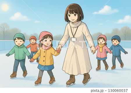 スケート教室でスケートをする先生と生徒達2 130060037