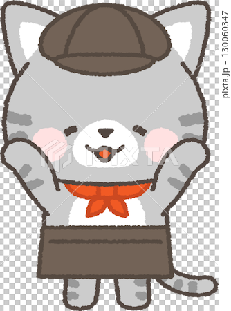 A smiling, tabby cat cafe employee cheers 130060347